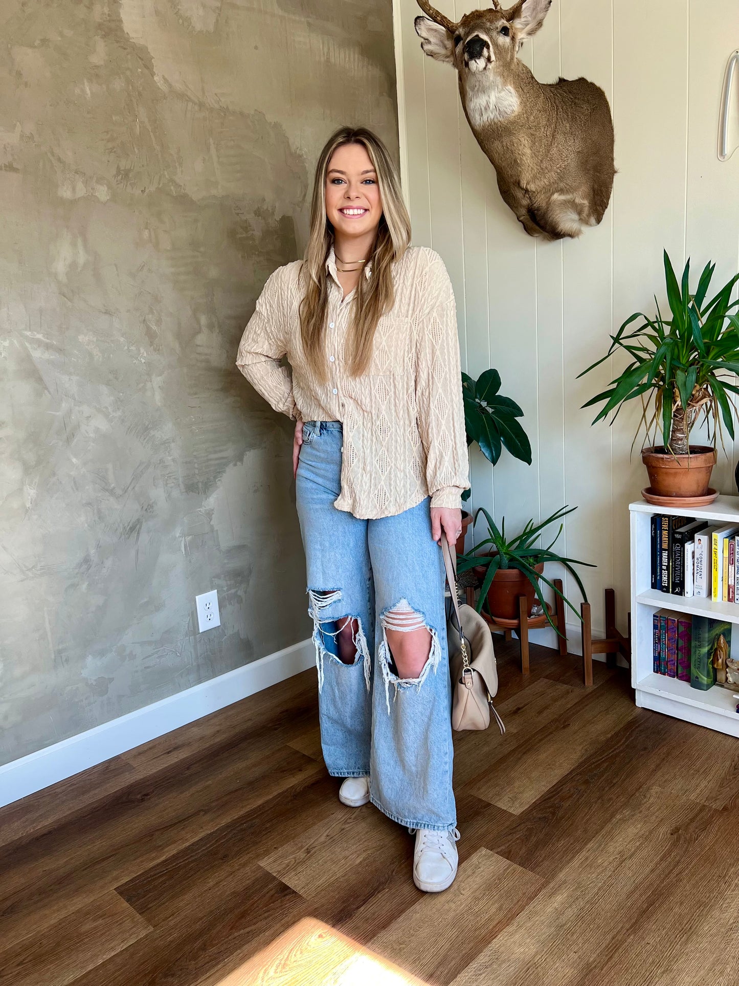 Chic Beige Crochet Blouse