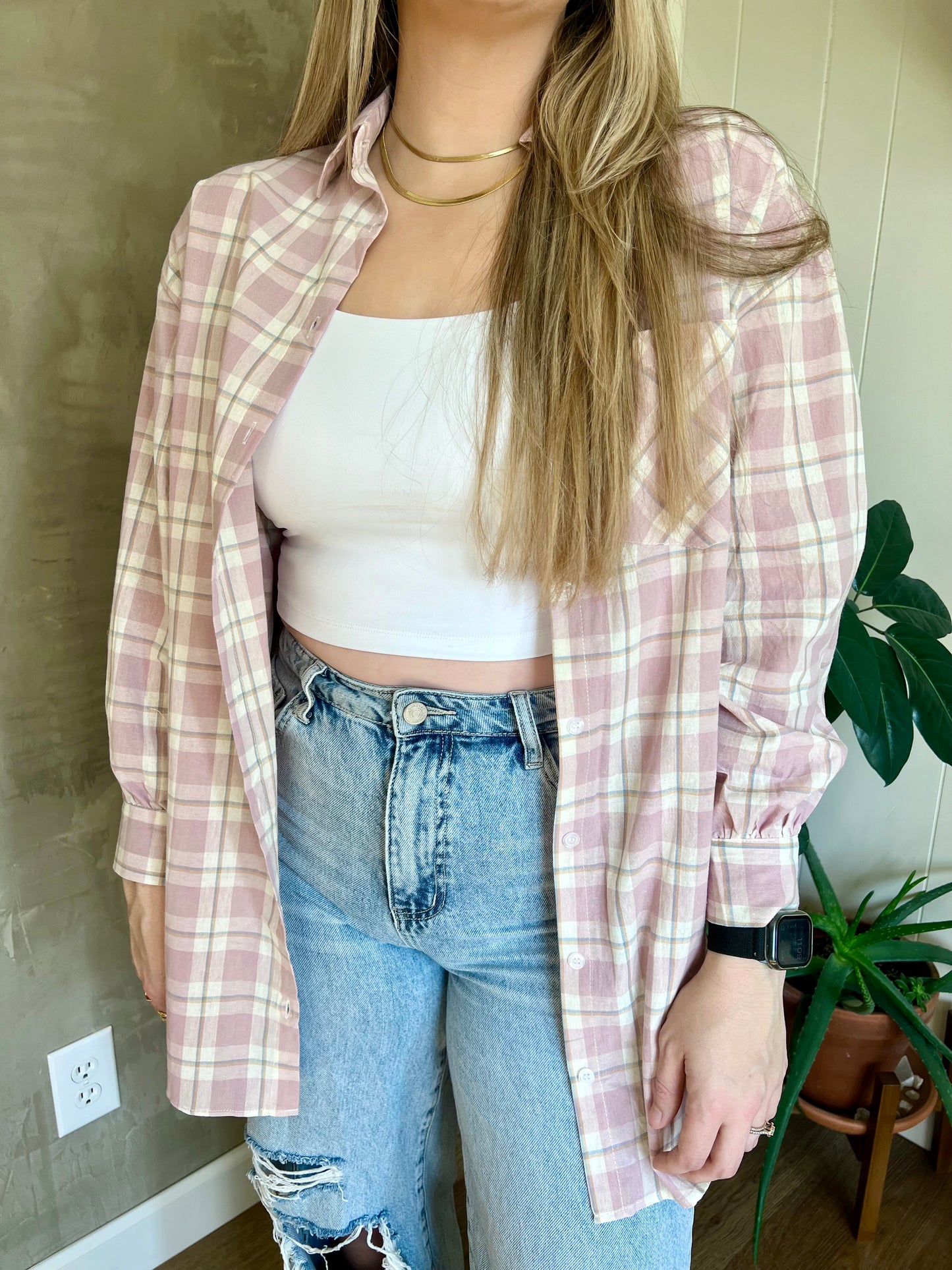 Subtle Blushing Long Plaid Flannel