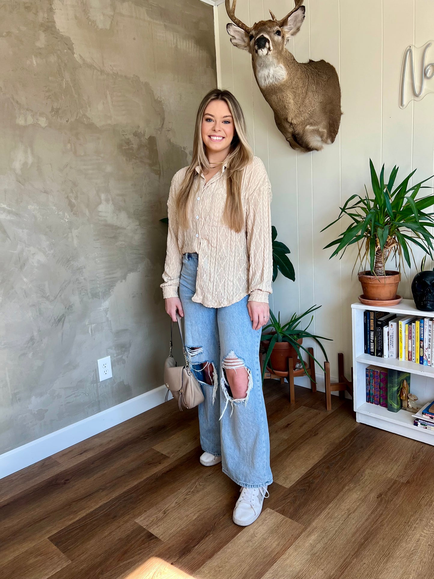 Chic Beige Crochet Blouse