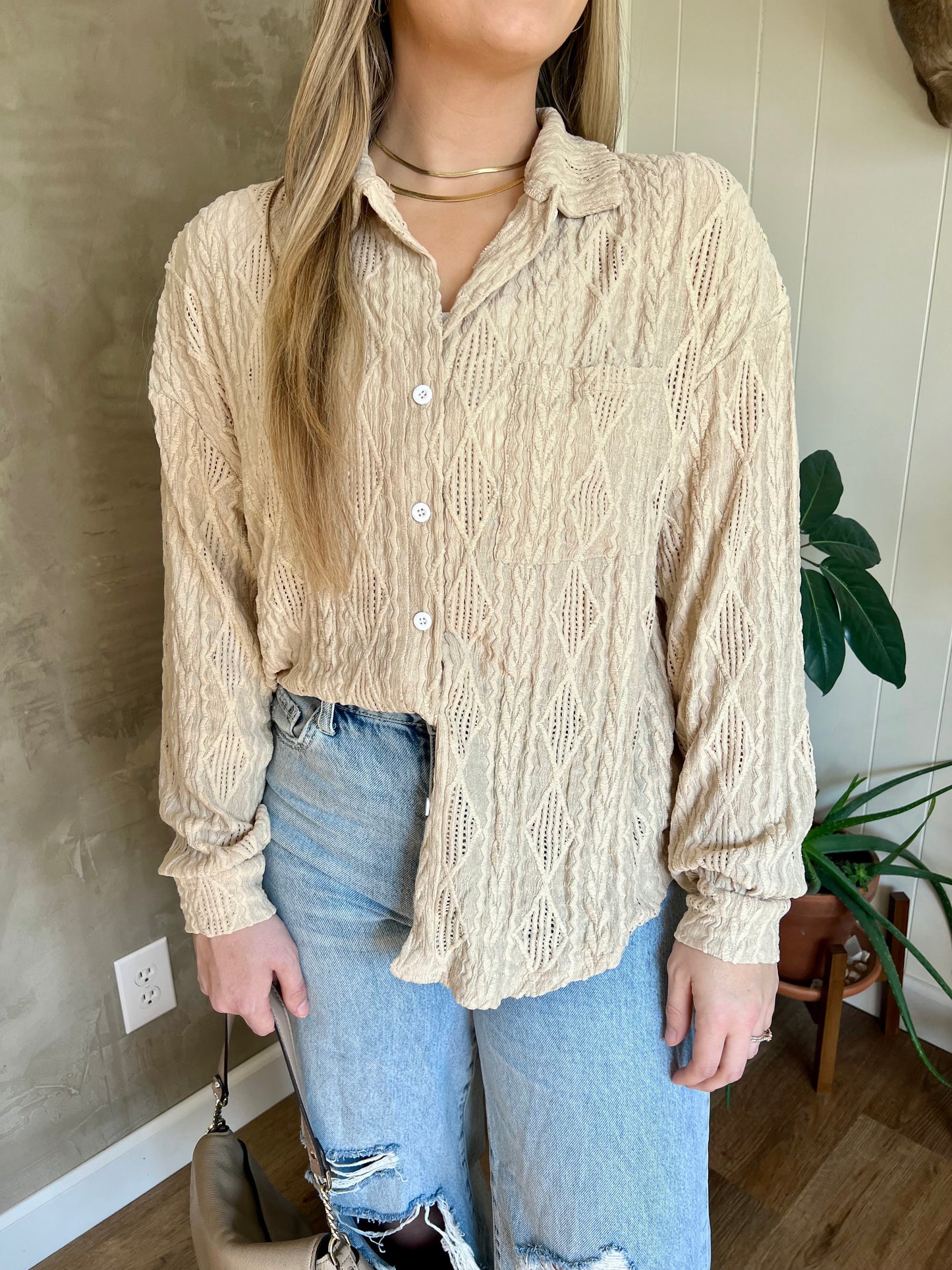 Chic Beige Crochet Blouse